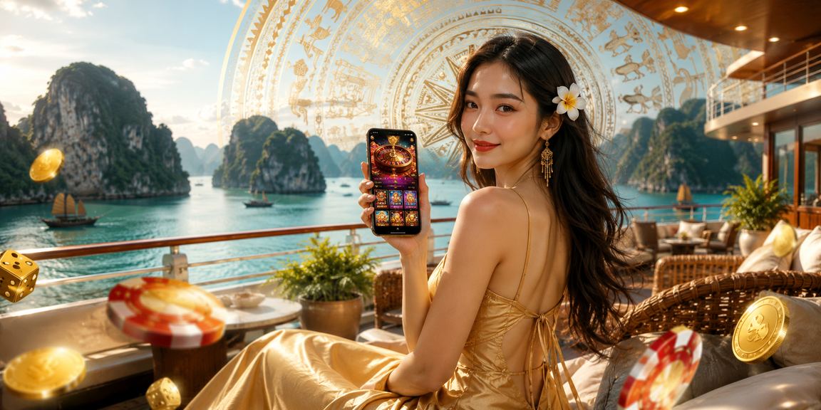 Cảnh chơi casino trên thiết bị di động nhìn từ vịnh Hạ Long vào đêm lễ hội